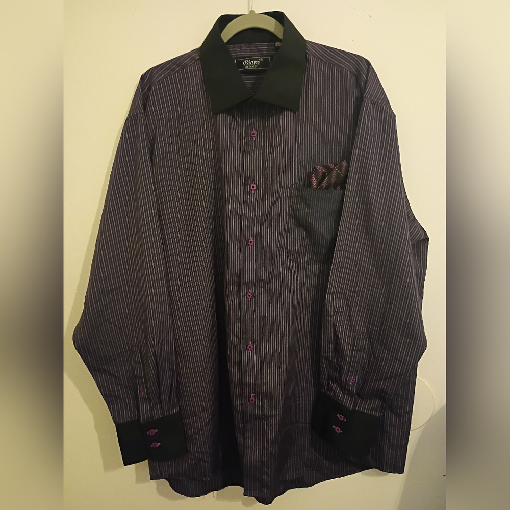Biani Mens Elegant‎ Black and Purple Striped Dress Shirt Sz 2XL